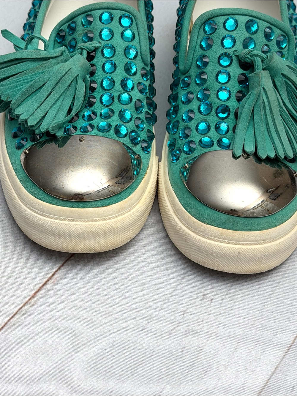 Giuseppe Zanotti Crystal Tassel Loafers Turquoise Suede Size EU 38 (US 8) Italy - Picture 4 of 12